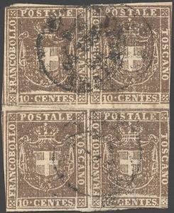 1860 - 10 cent. bruno (19), blocco di ... 