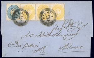 1865 - 2 soldi giallo, dent. 14, striscia di ... 
