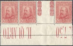 1910 - 15 + 5 cent. Garibaldi (88), striscia ... 