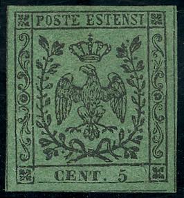 1852 - 5 cent. verde, senza punto (1), gomma ... 