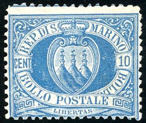 1877 - 10 cent. azzurro Stemma (3A), gomma ... 