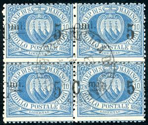 1892 - 5 cent. su 10 cent. (8), blocco di ... 