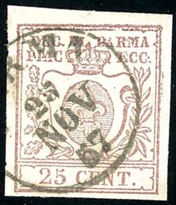 1857 - 25 cent. bruno lilla (10), usato, ... 