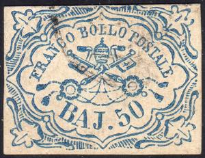 1852 - 50 baj azzurro, filigrana CANSON ... 
