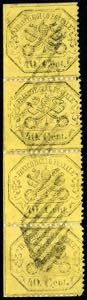 1868 - 40 cent. giallo (29b), striscia ... 