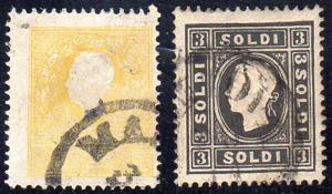 1858 - 2 soldi giallo, 3 soldi nero, I tipo ... 