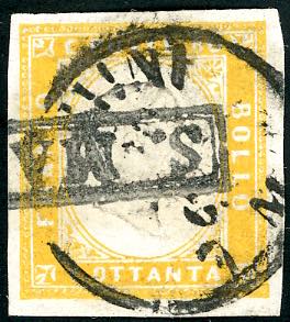 1863 - 80 cent. giallo (Sardegna 17Da,RSM ... 