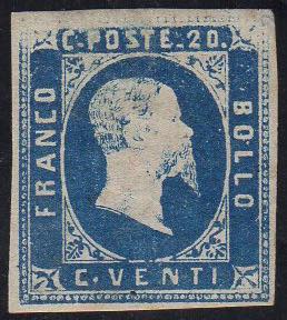 1851 - 20 cent. azzurro, stampa parzialmente ... 
