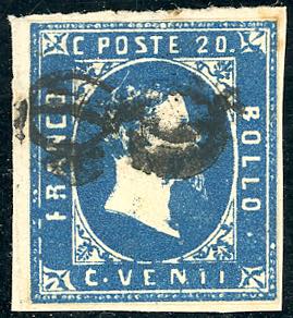 1852 - 20 cent. azzurro, II riporto (2), ... 
