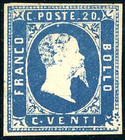 1851 - 20 cent. azzurro scuro (2b), nuovo ... 