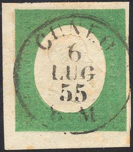 1854 - 5 cent. verde giallo (7), angolo di ... 