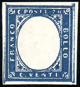 1860 - 20 cent. azzurro scurissimo, effigie ... 