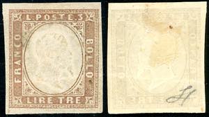 1861 - 3 lire rame, carta spessa (18), gomma ... 