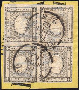 1862 - 2 cent. grigio nero (20), blocco di ... 