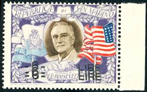 1947 - 6 lire su 5 lire Roosvelt, tripla ... 