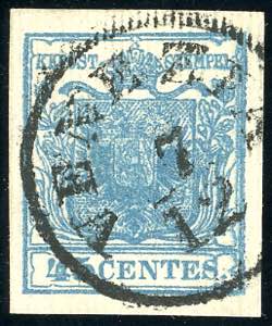 1851 - 45 cent. azzurro, carta a coste ... 