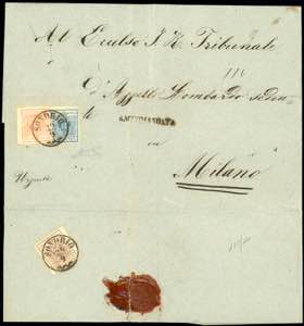 1854 - 15 cent. vermiglio, 45 cent. azzurro ... 
