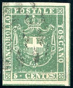 1860 - 5 cent. verde, linea di riquadro ... 