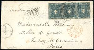 1860 - 20 cent. azzurro (20), striscia ... 