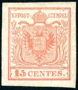 1850 - 15 cent. rosso, I tipo, carta a mano, ... 