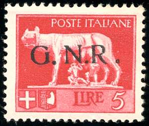 1943 - 5 lire Imperiale, soprastampa G.N.R. ... 