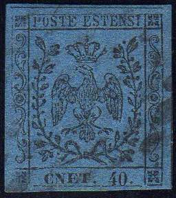 1854 - 40 cent. azzurro scuro, punto dopo le ... 