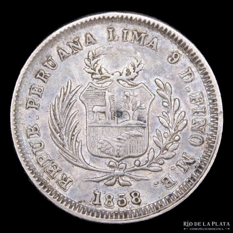 Perú. 1/2 Real 1858MB. AG.900; ... 