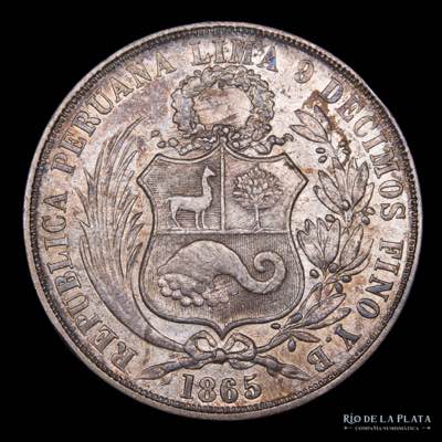Perú. 1 Sol 1865/55. AG.900, ... 