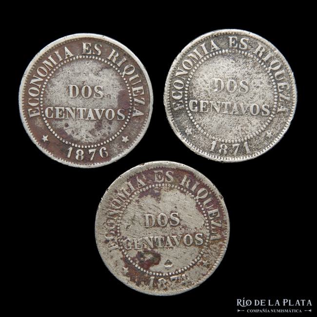 Chile. 2 Centavos 1871, 74 y 76. ... 