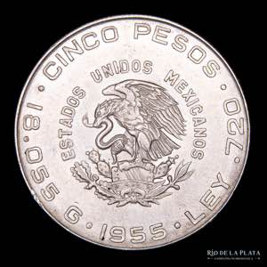 México. 5 Pesos 1955. Hidalgo; AG.720; ... 