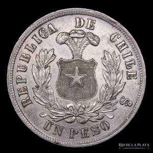 Chile. 1 Peso 1881 So. Santiago mint. AG.900 ... 