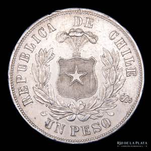 Chile. 1 Peso 1876 NM So. Santiago mint. ... 