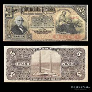 Argentina. Córdoba. 5 Pesos 1889. Bauman ... 