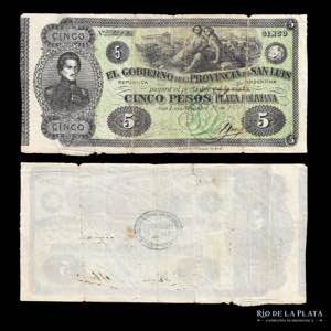 Argentina. San Luis. 5 Pesos 1871. Resello ... 