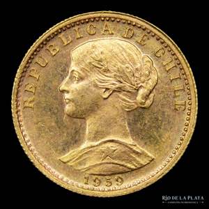 Chile. 20 Pesos 1959 Oro. AU.900; 18.5mm; ... 