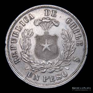 Chile. 1 Peso 1868 So. Santiago mint. AG.900 ... 