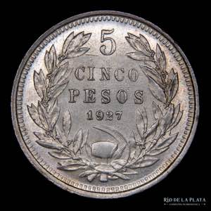 Chile. 5 Pesos 1927. AG.900; 37mm; 25g. KM ... 