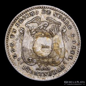 Ecuador. 1/10 de Sucre 1884 HEATON. AG.900; ... 