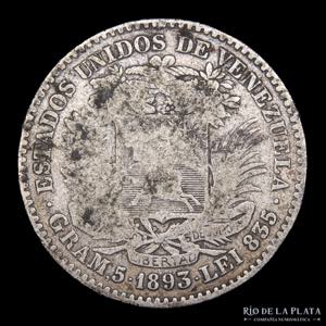 Venezuela. 1 Bolivar 1893. AG.900; 22.5mm; ... 