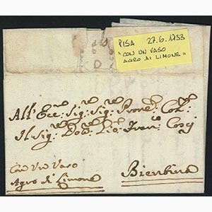 PISA - Lettera del 27.6.1733 per Bientina. ... 