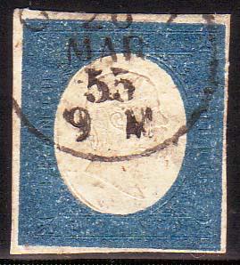 20 c. azzurro n. 8 ben marginato (AD). (400)