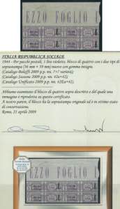 Pacchi Postali 1 lira n. 42 in quartina, due ... 