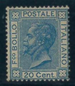 20 c. azzurro n. 26, ben dentellato. (500)