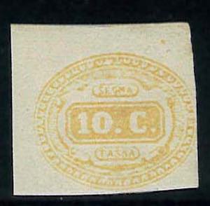 10 c. giallo n. 1, margini completi. (100)