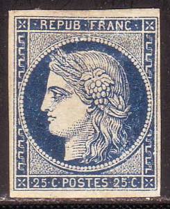 FRANCIA - 25 c. azzurro scuro n. 4a, leggero ... 