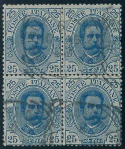 25 c. azzurro n. 62 in quartina usata. (400)