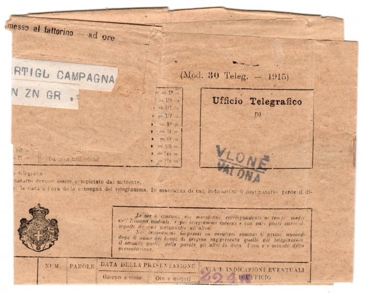 Telegramma da Valona 9.12.1916 con ... 