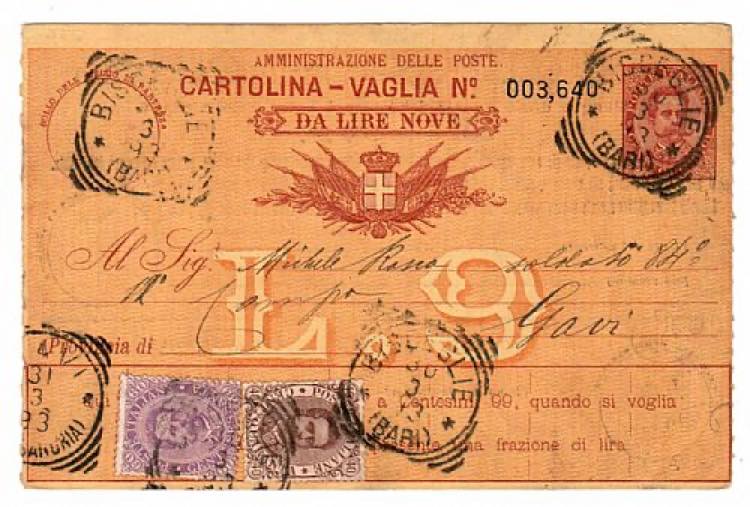 VAGLIA - Cartolina vaglia da L. 9 ... 