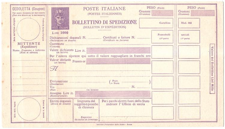 BOLLETTINI PACCHI - P 115, 1000 l. ... 