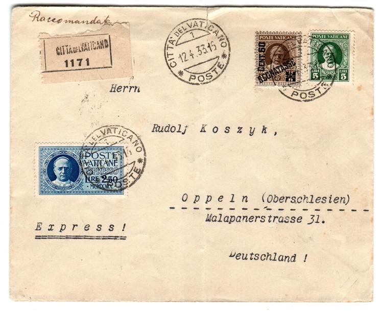 VATICANO - Racc. espr. dal Vaticano 12.4.33 ... 